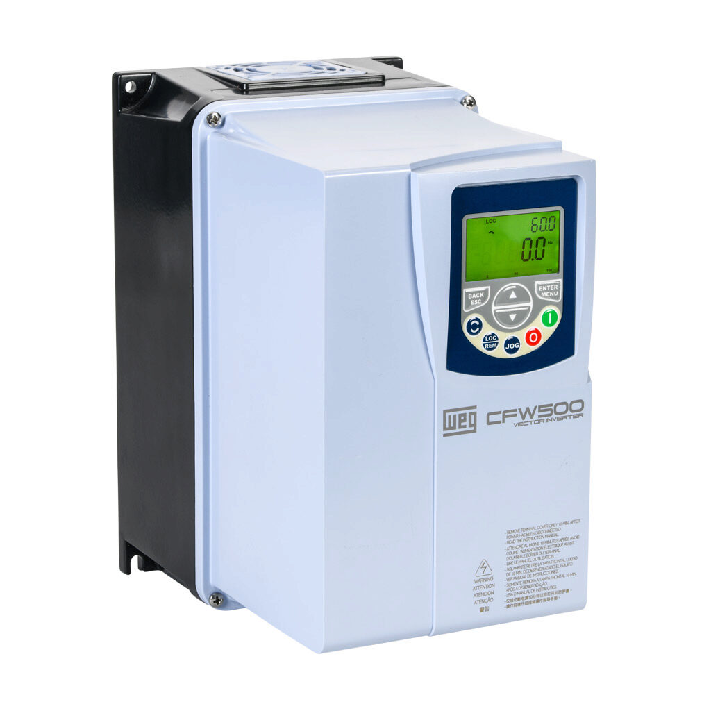 14977261 - WEG Electric CFW500 series AC high-performance drive, NEMA 4X, 460 VAC, 5hp with 3-phase input, SVC, V/Hz, VVW, FOC, encoder or torque mode, A frame, RS-485, integrated dynamic braking. Optional communication and STO modules available.