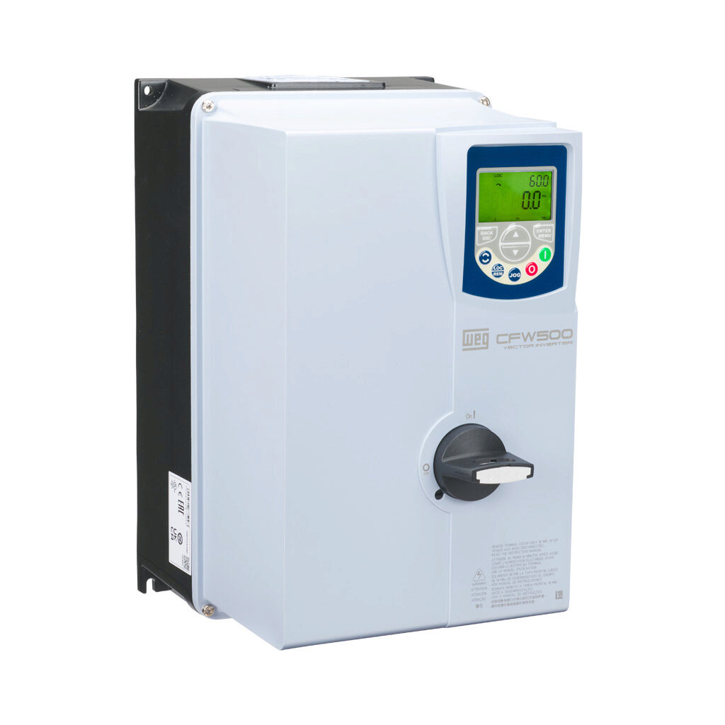 14978365 - WEG Electric CFW500 series AC high-performance drive with disconnect, NEMA 4X, 460 VAC, 15hp with 3-phase input, SVC, V/Hz, VVW, FOC, encoder or torque mode, B frame, RS-485, integrated dynamic braking. Optional communication and STO mo...