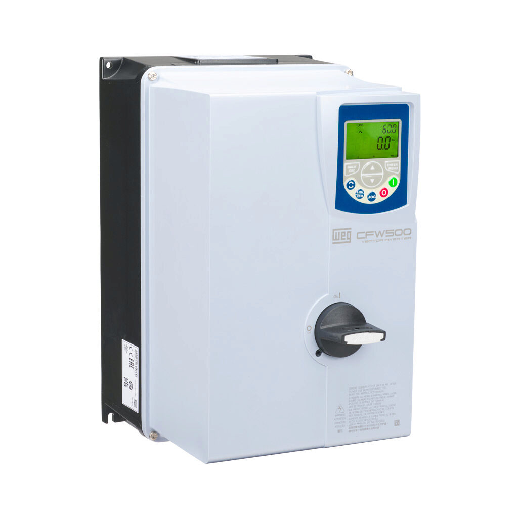 14978573 - WEG Electric CFW500 series AC high-performance drive with disconnect, NEMA 4X, 460 VAC, 20hp with 3-phase input, SVC, V/Hz, VVW, FOC, encoder or torque mode, B frame, RS-485, integrated dynamic braking. Optional communication and STO mo...