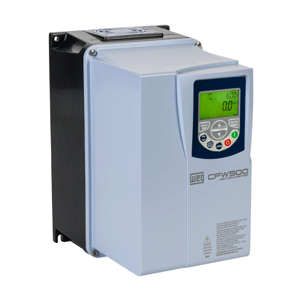 14990985 - WEG Electric CFW500 series AC high-performance drive, NEMA 4X, 230 VAC, 1/2hp with 3-phase and 1-phase input, SVC, V/Hz, VVW, FOC, encoder or torque mode, A frame, RS-485, integrated dynamic braking. Optional communication and STO modul...