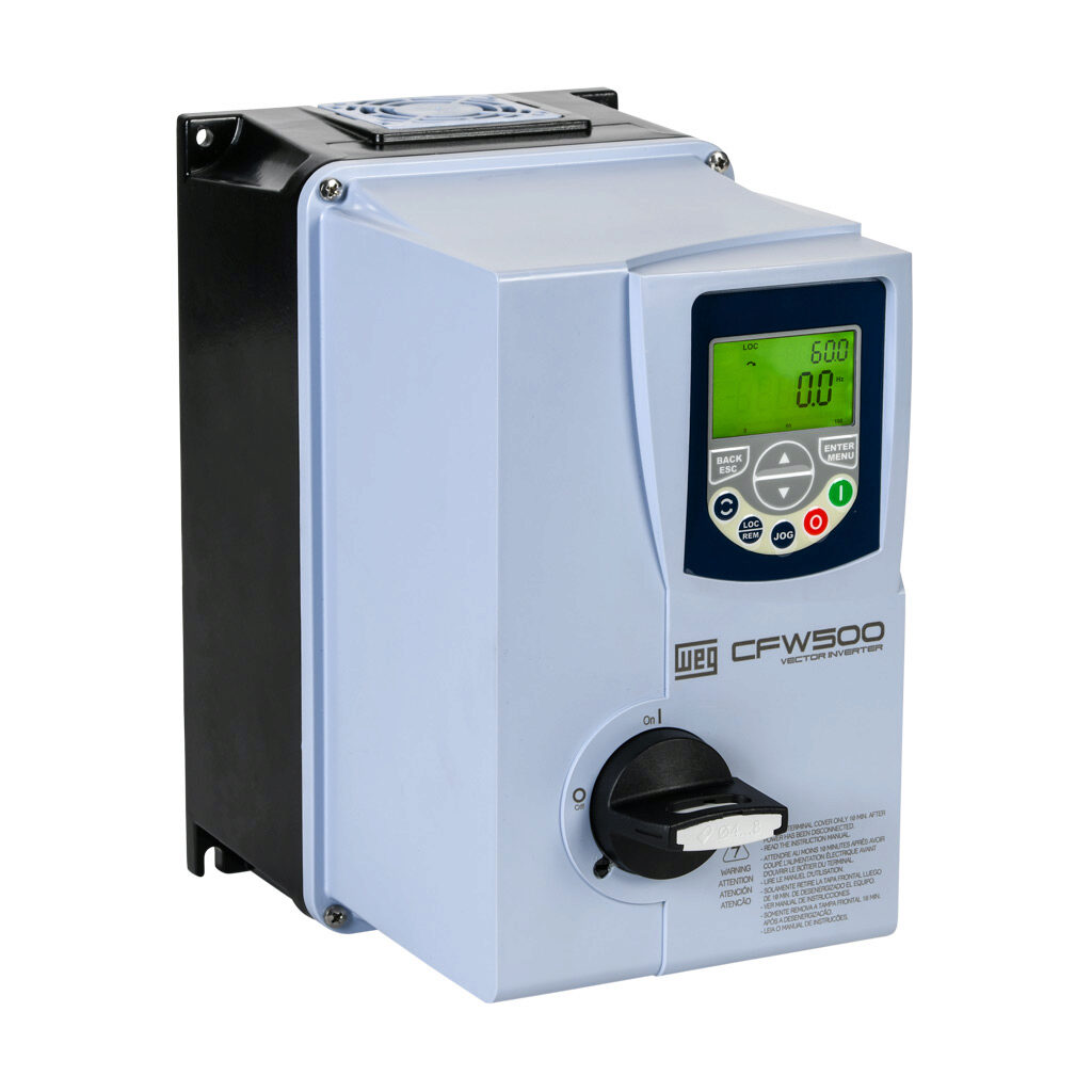 14991103 - WEG Electric CFW500 series AC high-performance drive with disconnect, NEMA 4X, 230 VAC, 1/2hp with 3-phase and 1-phase input, SVC, V/Hz, VVW, FOC, encoder or torque mode, A frame, RS-485, integrated dynamic braking. Optional communicati...