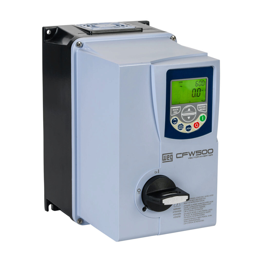 14991953 - WEG Electric CFW500 series AC high-performance drive with disconnect, NEMA 4X, 460 VAC, 1/3hp with 3-phase input, SVC, V/Hz, VVW, FOC, encoder or torque mode, A frame, RS-485, integrated dynamic braking. Optional communication and STO m...