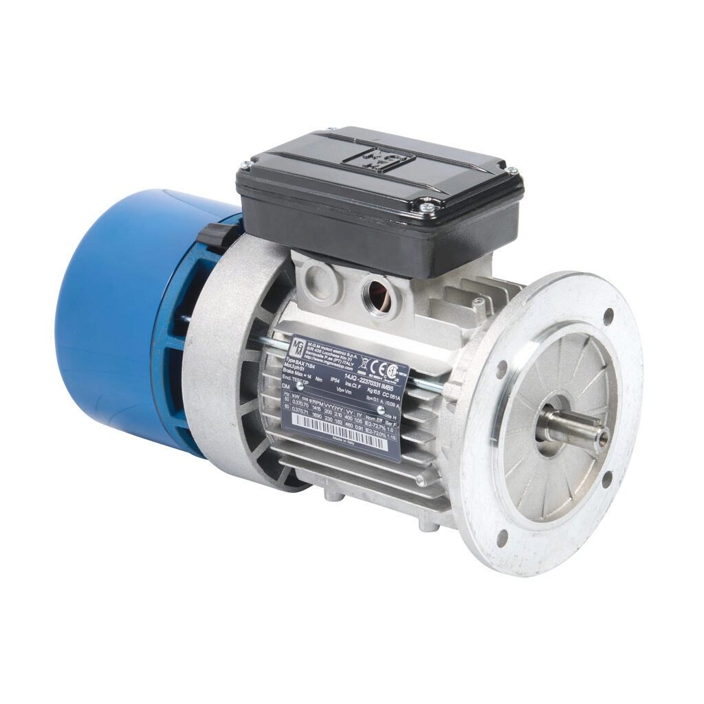 14JQ - M.G.M. Electric Motors BAX IE2 high efficiency AC induction motor, general purpose, inverter rated and brake, 1/2hp, 3-phase, 230/460 VAC, 1800rpm, TEFC, IEC 71 frame, aluminum, D-flange (B5) mount. Integrated brake assembly included.