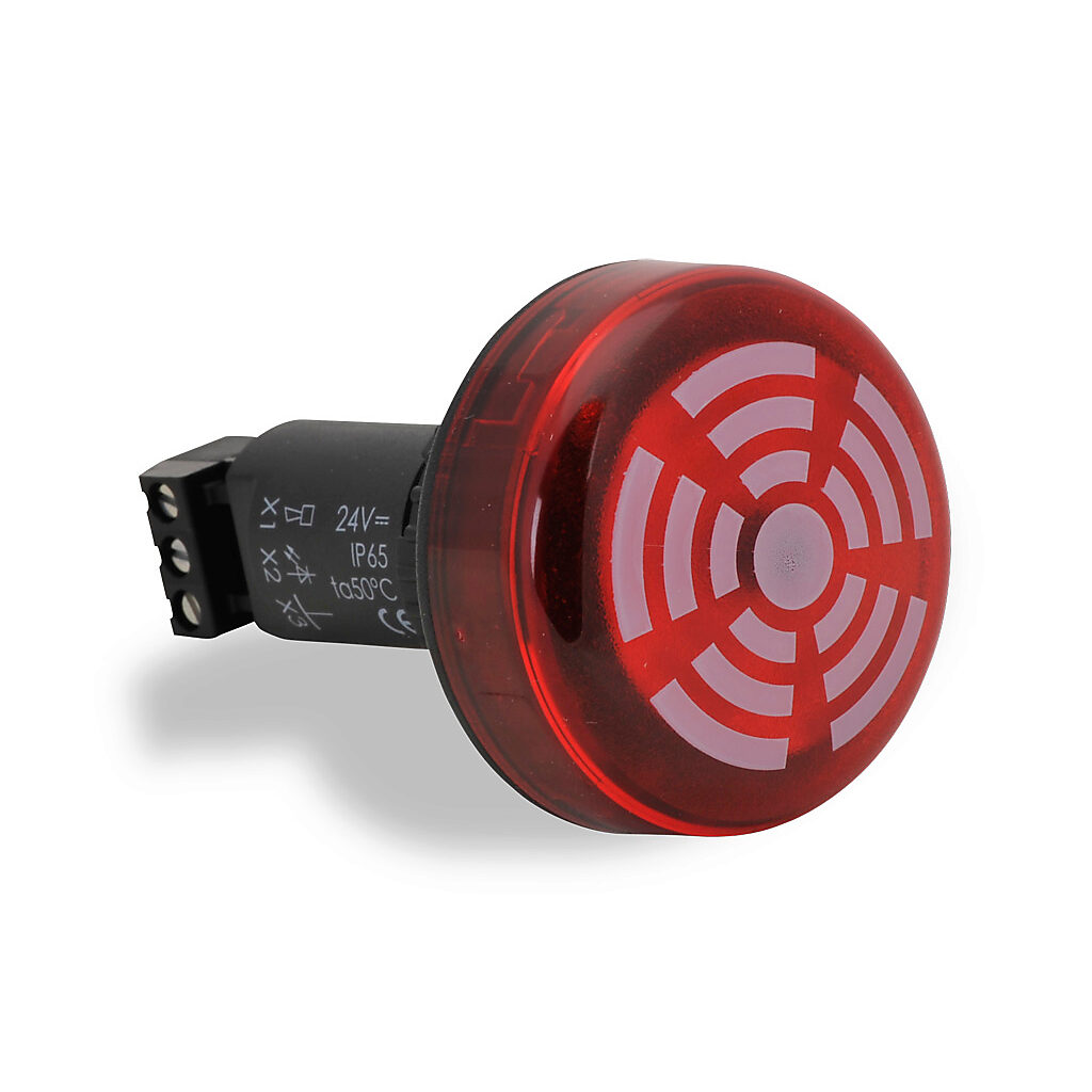 15010055 - WERMA audible alarm buzzer, 80 dB at 1m, 2.8 kHz tone frequency, continuous tone(s), 24 VDC, permanent LED indicator(s), red, 22mm, panel mount, polycarbonate housing, red, IP65.
