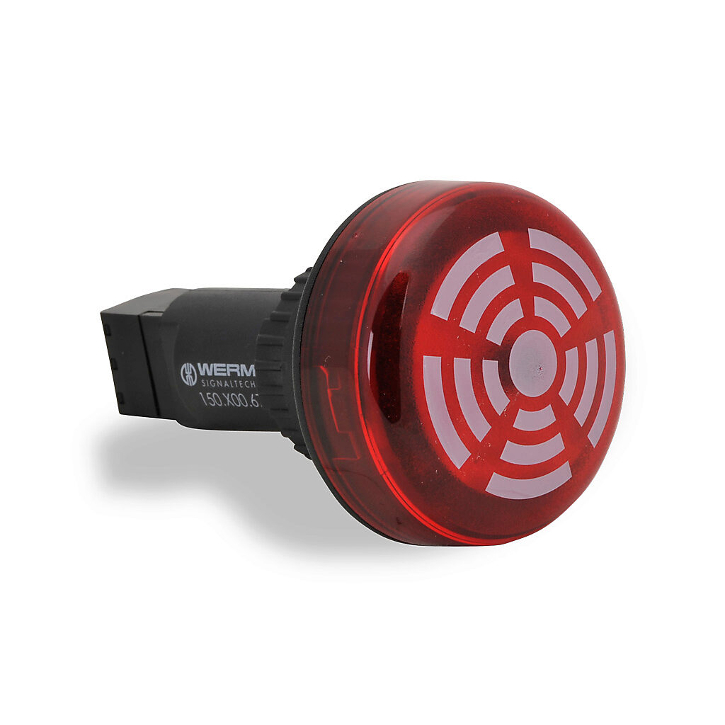 15010067 - WERMA audible alarm buzzer, 80 dB at 1m, 2.8 kHz tone frequency, continuous tone(s), 115 VAC, permanent LED indicator(s), red, 22mm, panel mount, polycarbonate housing, red, IP65.