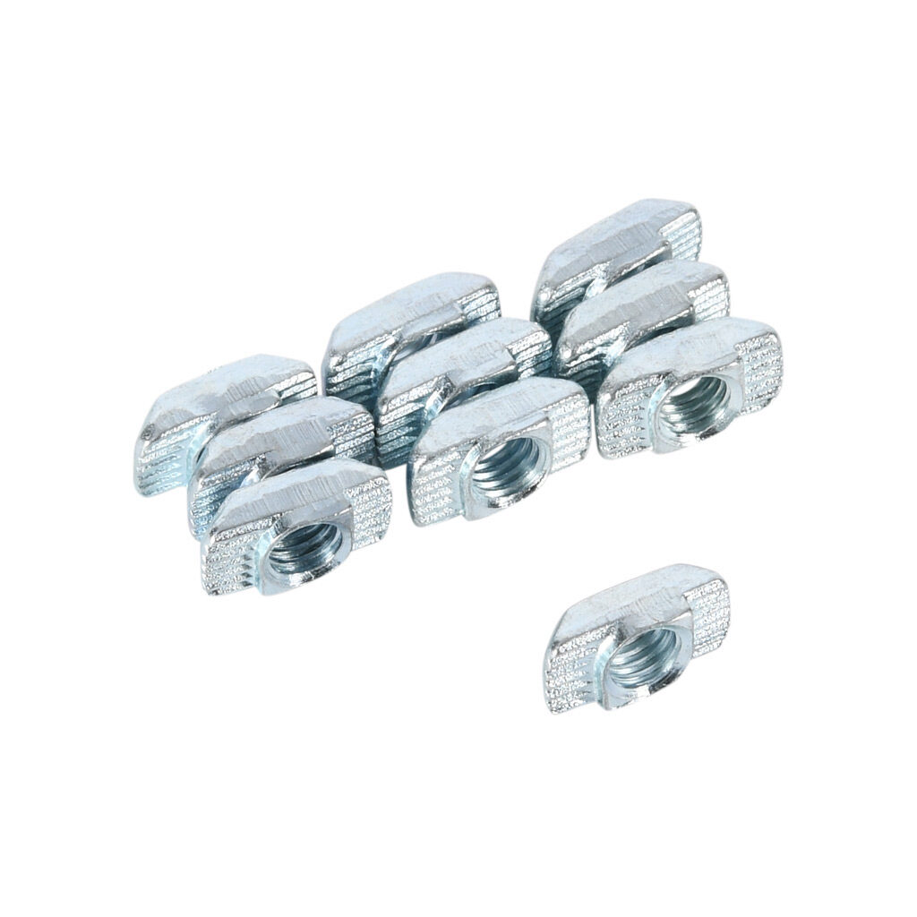 151038 - FATH hammer nut, silver, 10-32 UNF, zinc plated steel, slot size 6. Package of 10. For use with all 1in and 2in profile T-slotted rails. Manufacturer part number: 096H0610-3210.