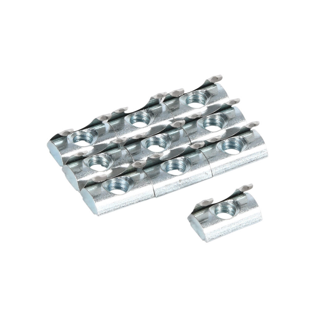 151039 - FATH roll-in nut, silver, 1/4-20 UNC, zinc plated steel, slot size 6. Package of 10. For use with all 1in and 2in profile T-slotted rails. Manufacturer part number: 096541U1/4F.