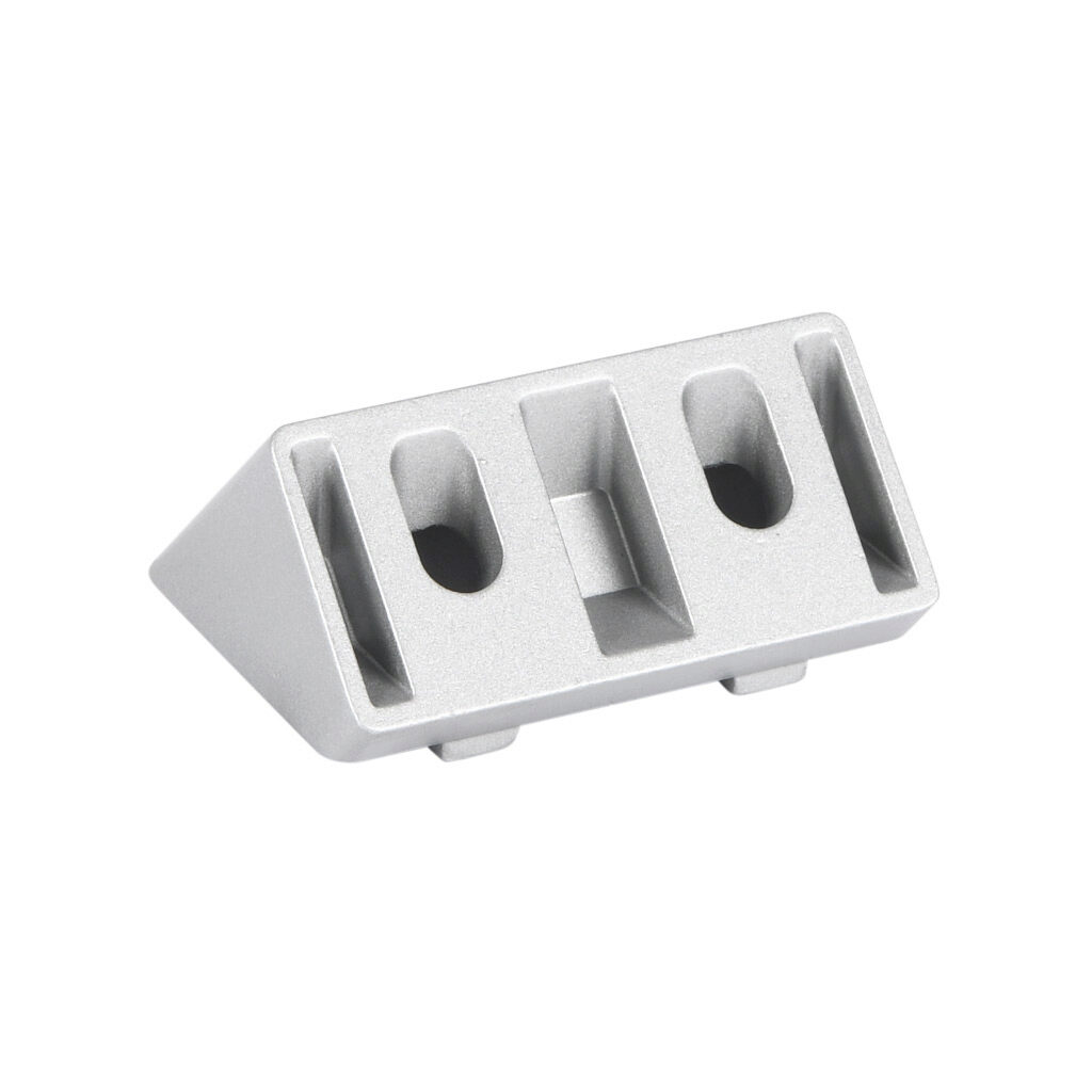 151043 - FATH angle connector, silver, 45-degree, die-cast aluminum, slot size 6. For use with all 1in and 2in profile T-slotted rails. Fasteners included. Manufacturer part number: 093WS51145N6,5.