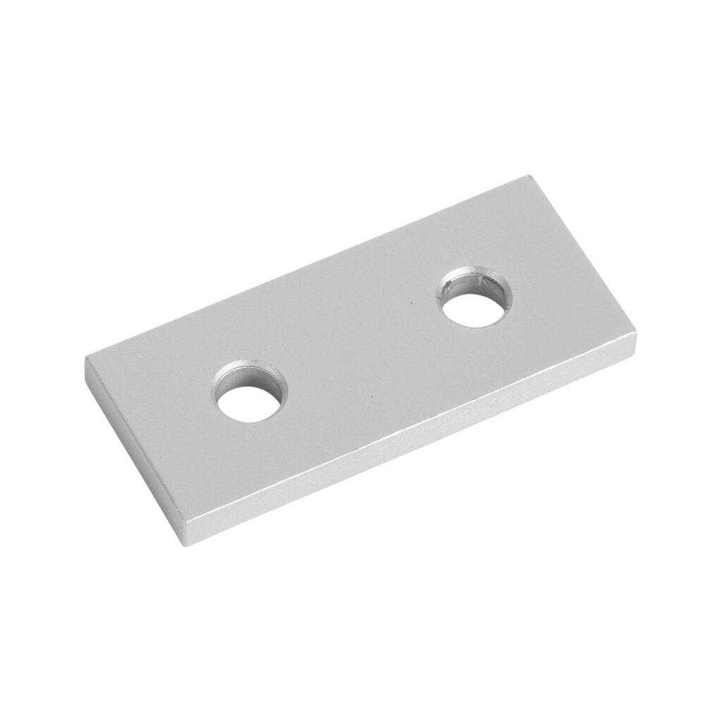 151044 - FATH straight flat plate, silver, 2 holes, anodized aluminum, slot size 6. For use with all 1in and 2in profile T-slotted rails. Manufacturer part number: 093EVA2551.