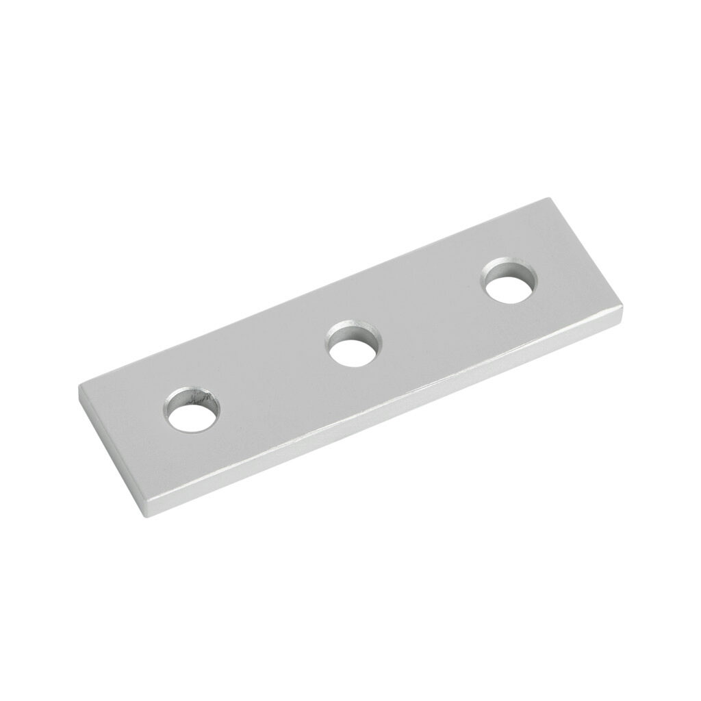 151045 - FATH straight flat plate, silver, 3 holes, anodized aluminum, slot size 6. For use with all 1in and 2in profile T-slotted rails. Manufacturer part number: 093EVA2576.