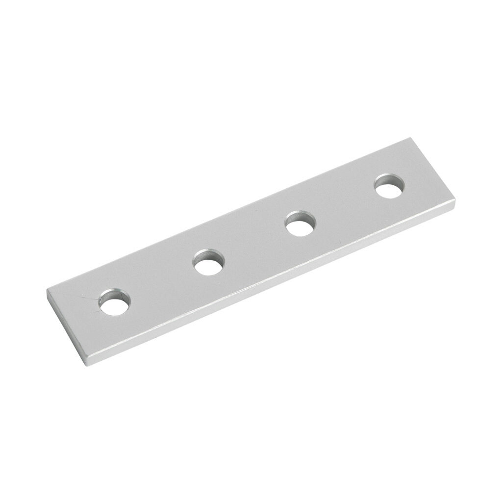 151046 - FATH straight flat plate, silver, 4 holes, anodized aluminum, slot size 6. For use with all 1in and 2in profile T-slotted rails. Manufacturer part number: 093EVA25102.