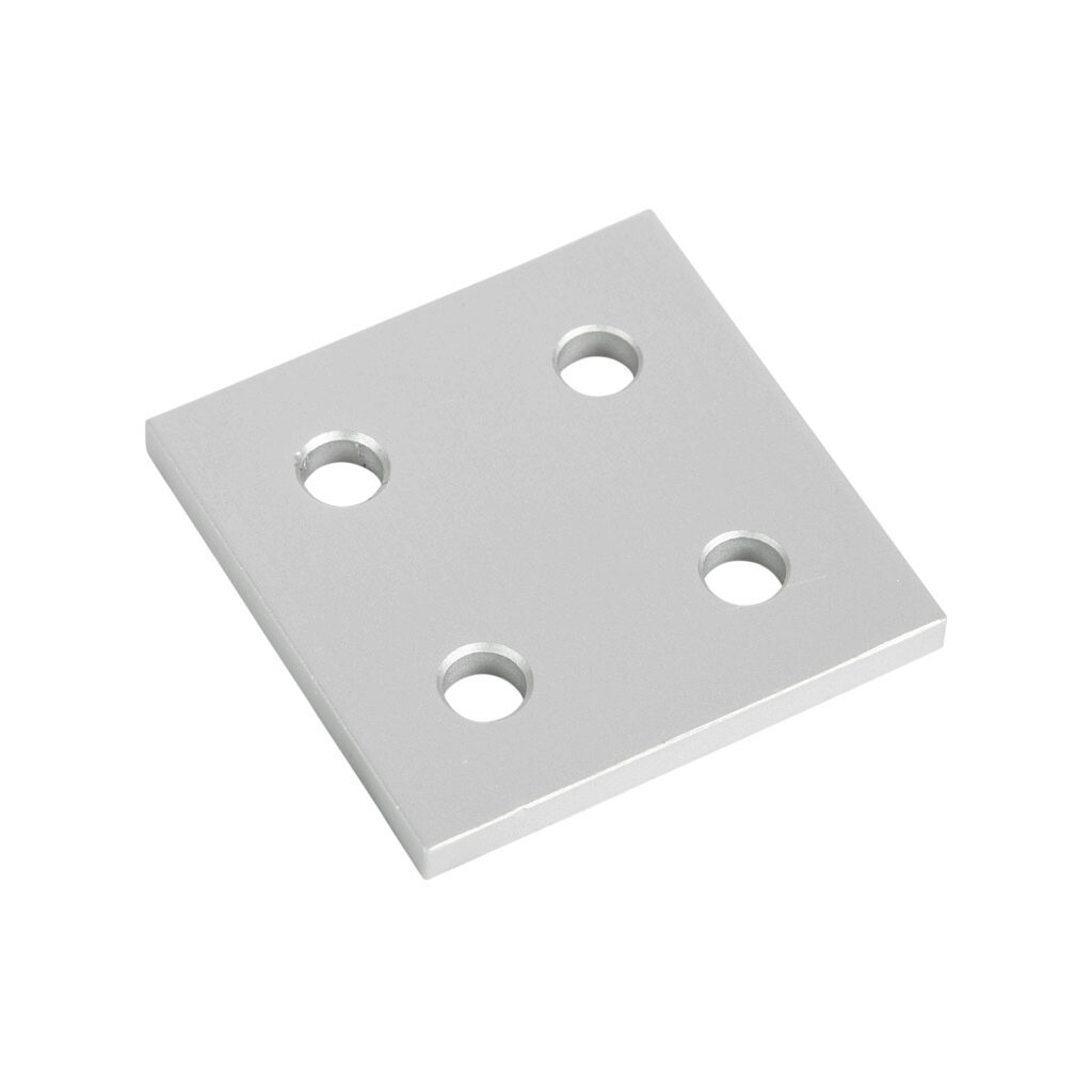 151047 - FATH square flat plate, silver, 4 holes, anodized aluminum, slot size 6. For use with all 1in and 2in profile T-slotted rails. Manufacturer part number: 093EVA5151.