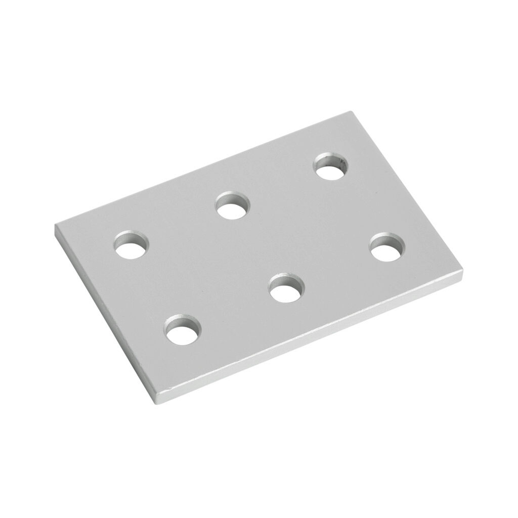 151048 - FATH rectangular flat plate, silver, 6 holes, anodized aluminum, slot size 6. For use with all 1in and 2in profile T-slotted rails. Manufacturer part number: 093EVD5176.