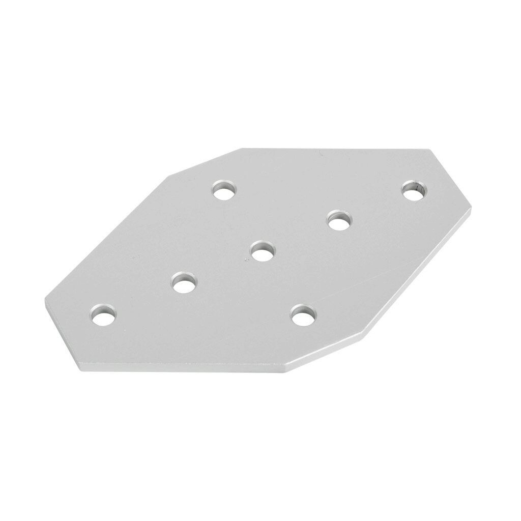 151055 - FATH cross flat plate, silver, 7 holes, anodized aluminum, slot size 6. For use with all 1in and 2in profile T-slotted rails. Manufacturer part number: 093EVX76127.