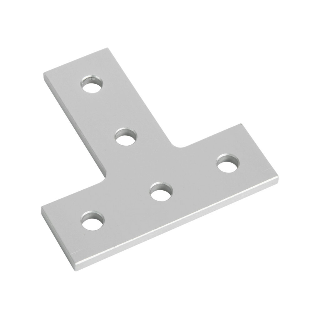 151057 - FATH T-shaped flat plate, silver, 5 holes, anodized aluminum, slot size 6. For use with all 1in and 2in profile T-slotted rails. Manufacturer part number: 093EVT7676S01.
