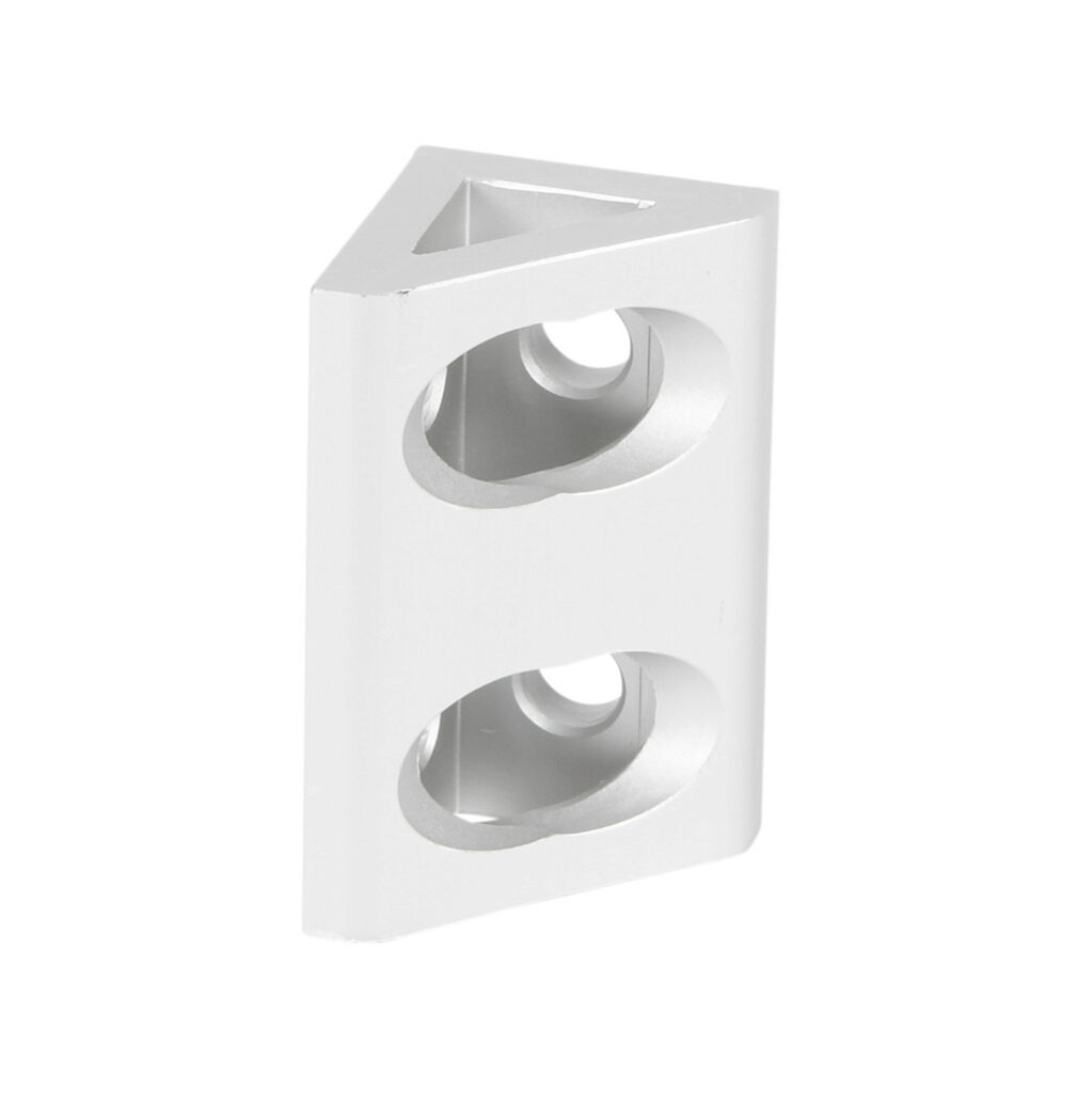 151065 - FATH wide gusseted inside corner bracket, silver, 90-degree, 4 holes, anodized aluminum, slot size 6. For use with all 1in and 2in profile T-slotted rails. Manufacturer part number: 093WD8104N06.