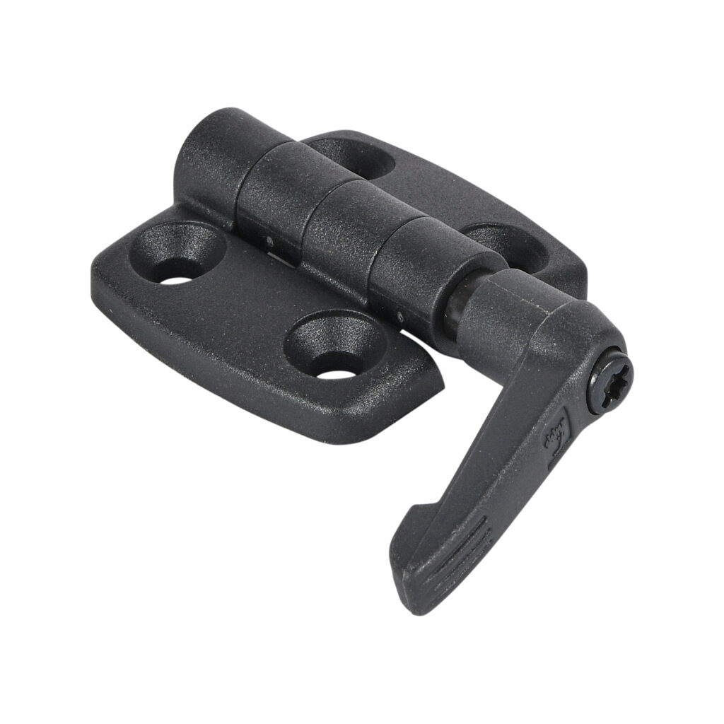 151079 - FATH non-detachable combination hinge with locking lever, black, fiberglass reinforced plastic, slot size 6. For use with all 1in and 2in profile T-slotted rails. Manufacturer part number: 095KF2525F06.
