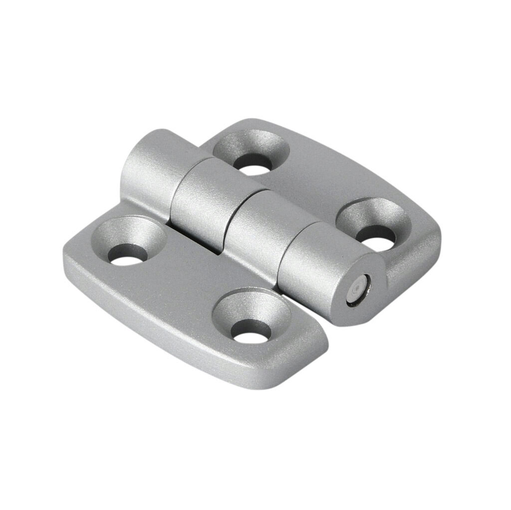 151082 - FATH non-detachable combination hinge, silver, die-cast aluminum, slot size 6. For use with all 1in and 2in profile T-slotted rails. Manufacturer part number: 095A2525FS20.