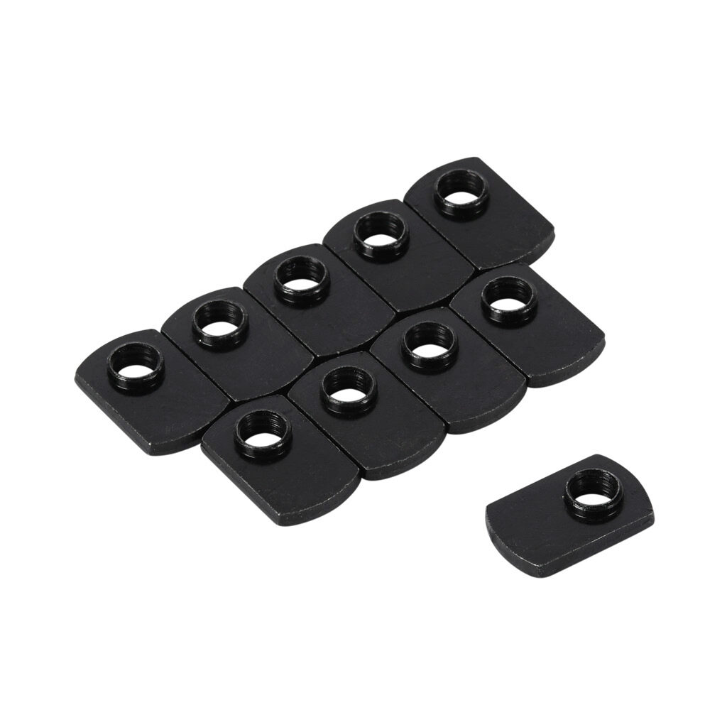 151096 - FATH economy T-nut, black, 5/16-18 UNC, steel, slot size 8. Package of 10. For use with all 1.5in and 3in profile T-slotted rails. Manufacturer part number: 096E15U5/16-18S02.
