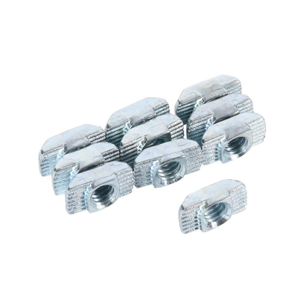 151097 - FATH hammer nut, silver, 1/4-20 UNC, zinc plated steel, slot size 8. Package of 10. For use with all 1.5in and 3in profile T-slotted rails. Manufacturer part number: 096H081/415.
