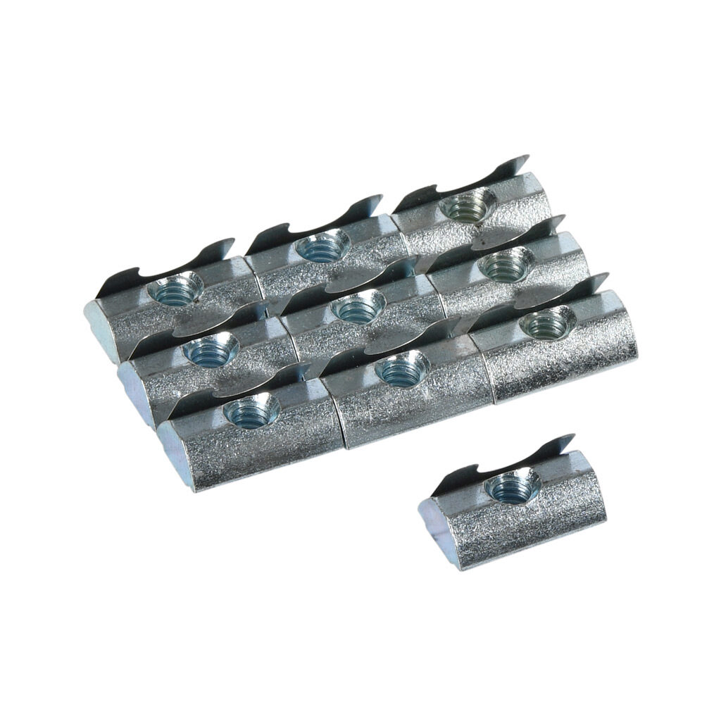 151098 - FATH roll-in nut, silver, 1/4-20 UNC, zinc plated steel, slot size 8. Package of 10. For use with all 1.5in and 3in profile T-slotted rails. Manufacturer part number: 09602U1/4F.