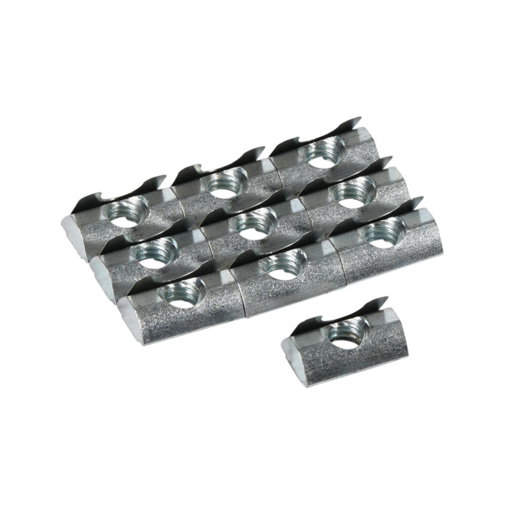 151099 - FATH roll-in nut, silver, 5/16-18 UNC, zinc plated steel, slot size 8. Package of 10. For use with all 1.5in and 3in profile T-slotted rails. Manufacturer part number: 09602U5/16F.