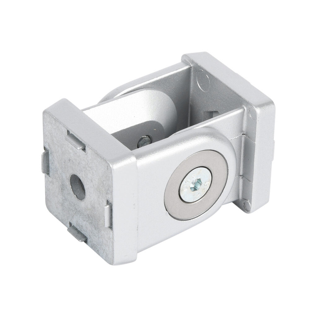 151132 - FATH pivot joint, silver, 178-degree adjustable, 2 holes, die-cast zinc, slot size 8. For use with all 1.5in and 3in profile T-slotted rails. Manufacturer part number: 093G38AN08.