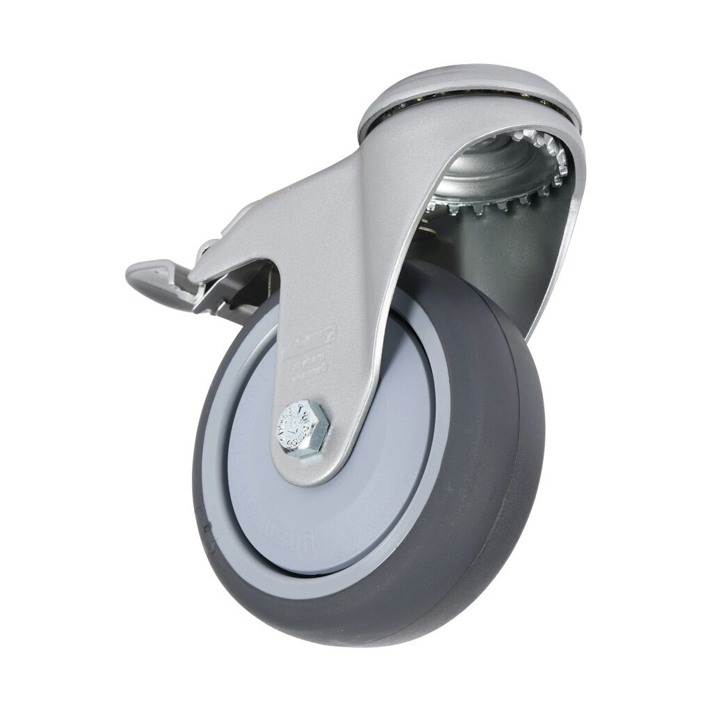 151134 - FATH swivel caster, silver/gray, thermoplastic polyurethane/nylon/steel. For use with 1.5 x 1.5in, 40 x 40mm and 45 x 45mm T-slotted rails. Double brake included. Requires FATH 151136 or 151261 swivel caster adapter plate.