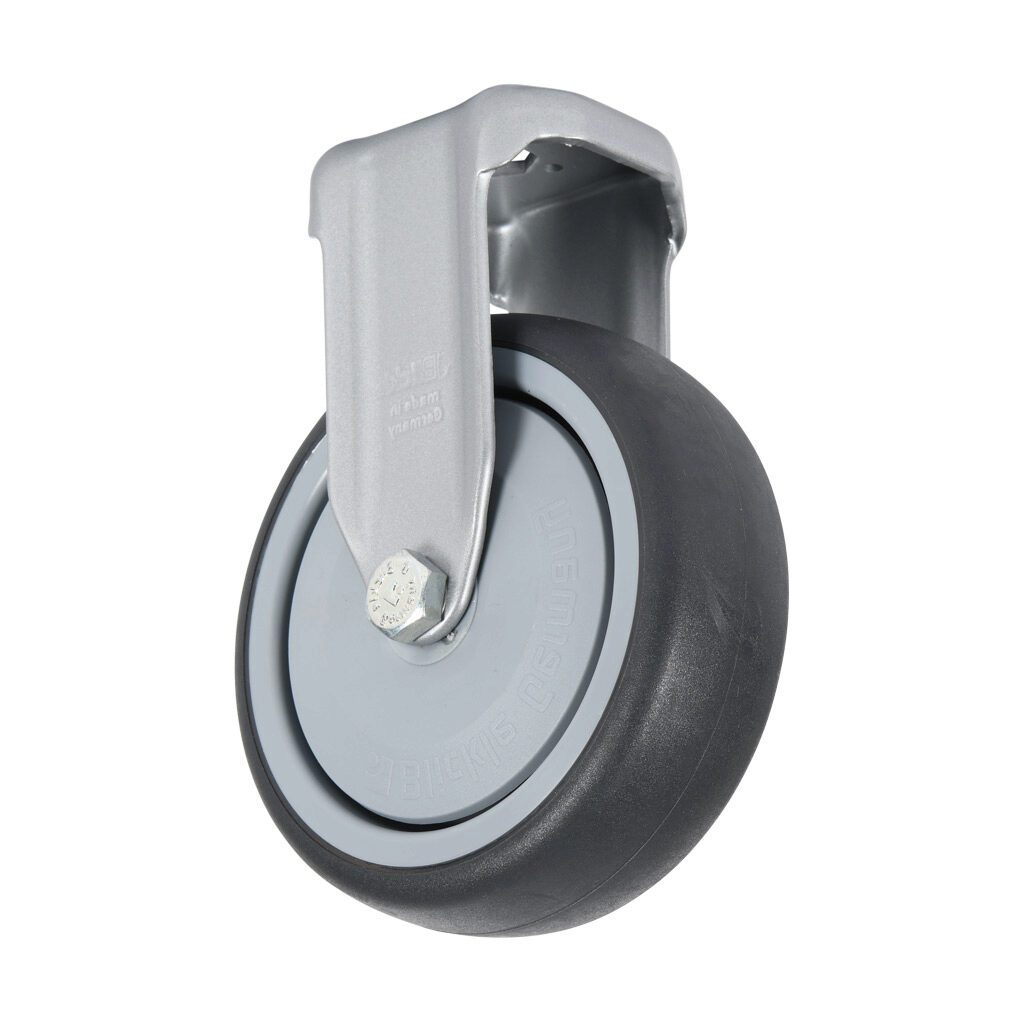 151135 - FATH fixed caster, silver/gray, thermoplastic polyurethane/nylon/steel. For use with 1.5 x 1.5in, 40 x 40mm and 45 x 45mm T-slotted rails. Manufacturer part number: 098F100UN.