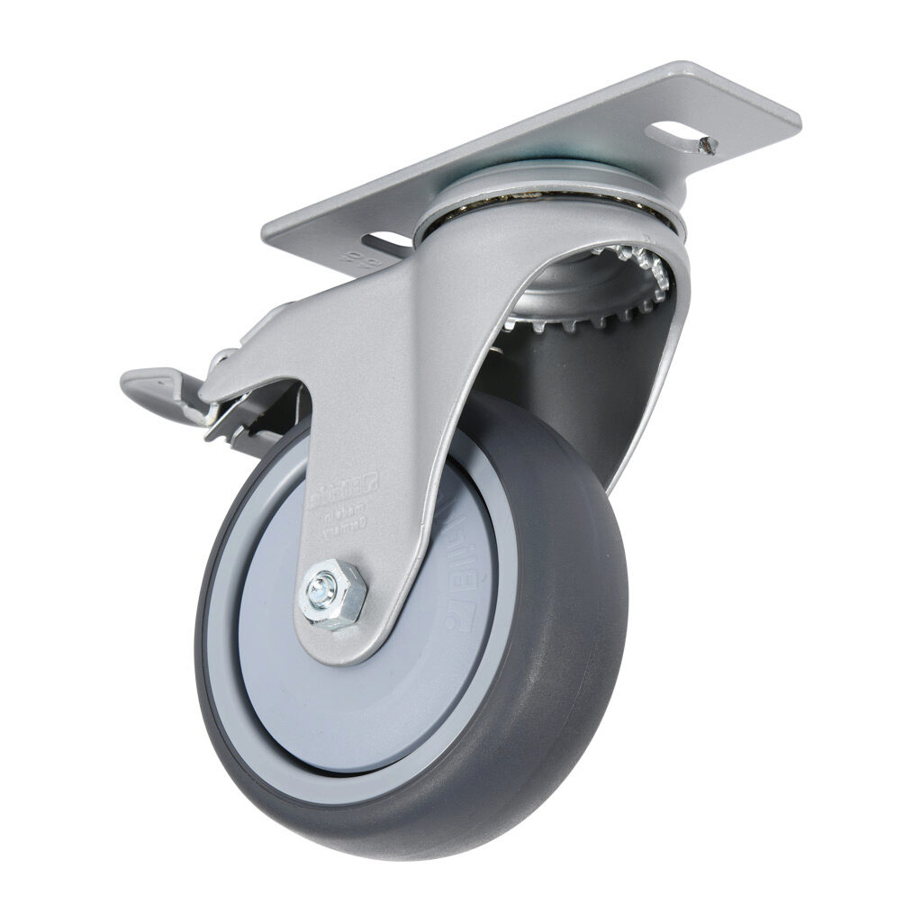 151137 - FATH swivel caster, silver/gray, thermoplastic polyurethane/nylon/steel. For use with all 1.5in, 3in, 40mm, 45mm, 80mm and 90mm profile T-slotted rails. Double brake and mounting plate included. Manufacturer part number: 098S100UD4045N.