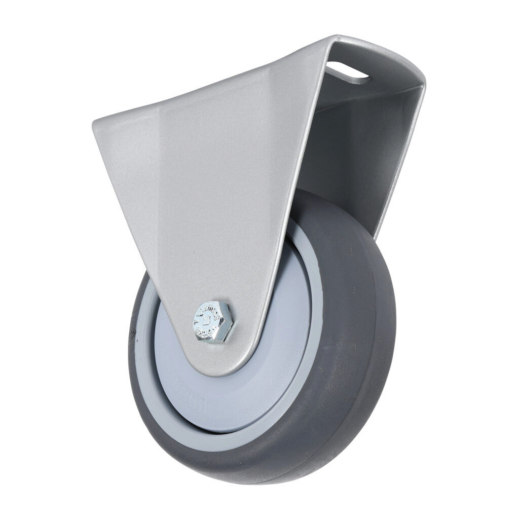 151138 - FATH fixed caster, silver/gray, thermoplastic polyurethane/nylon/steel. For use with all 1.5in, 3in, 40mm, 45mm, 80mm and 90mm profile T-slotted rails. Mounting plate included. Manufacturer part number: 098F100U4045N.