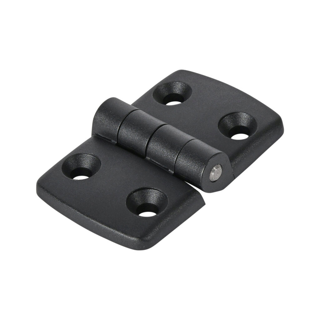 151141 - FATH non-detachable combination hinge, black, fiberglass reinforced plastic, slot size 8. For use with all 1.5in, 3in, 40mm and 80mm profile T-slotted rails. Manufacturer part number: 095K4040F08.
