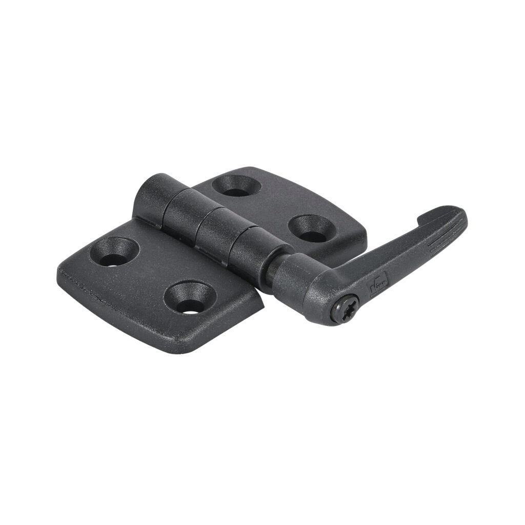 151142 - FATH non-detachable combination hinge with locking lever, black, fiberglass reinforced plastic, slot size 8. For use with all 1.5in, 3in, 40mm and 80mm profile T-slotted rails. Manufacturer part number: 095KF4040F08.