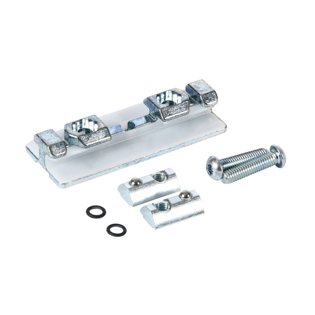 151168 - FATH slider, white/silver, rubber/plastic/steel, slot size 8. For use with all 1.5in, 3in, 40mm and 80mm profile T-slotted rails. Manufacturer part number: 093PS0840F.