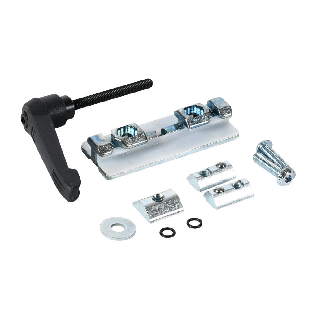 151169 - FATH slider with clamp lever, black/silver, rubber/plastic/steel, slot size 8. For use with all 1.5in, 3in, 40mm and 80mm profile T-slotted rails. Manufacturer part number: 093PS0840FS01.