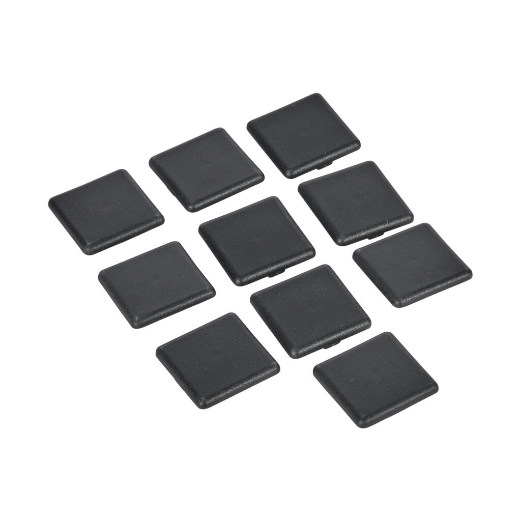 151171 - FATH end cap, black, glass-filled nylon, slot size 8. Package of 10. For use with 1.5 x 1.5in profile T-slotted rails. Manufacturer part number: 091079.