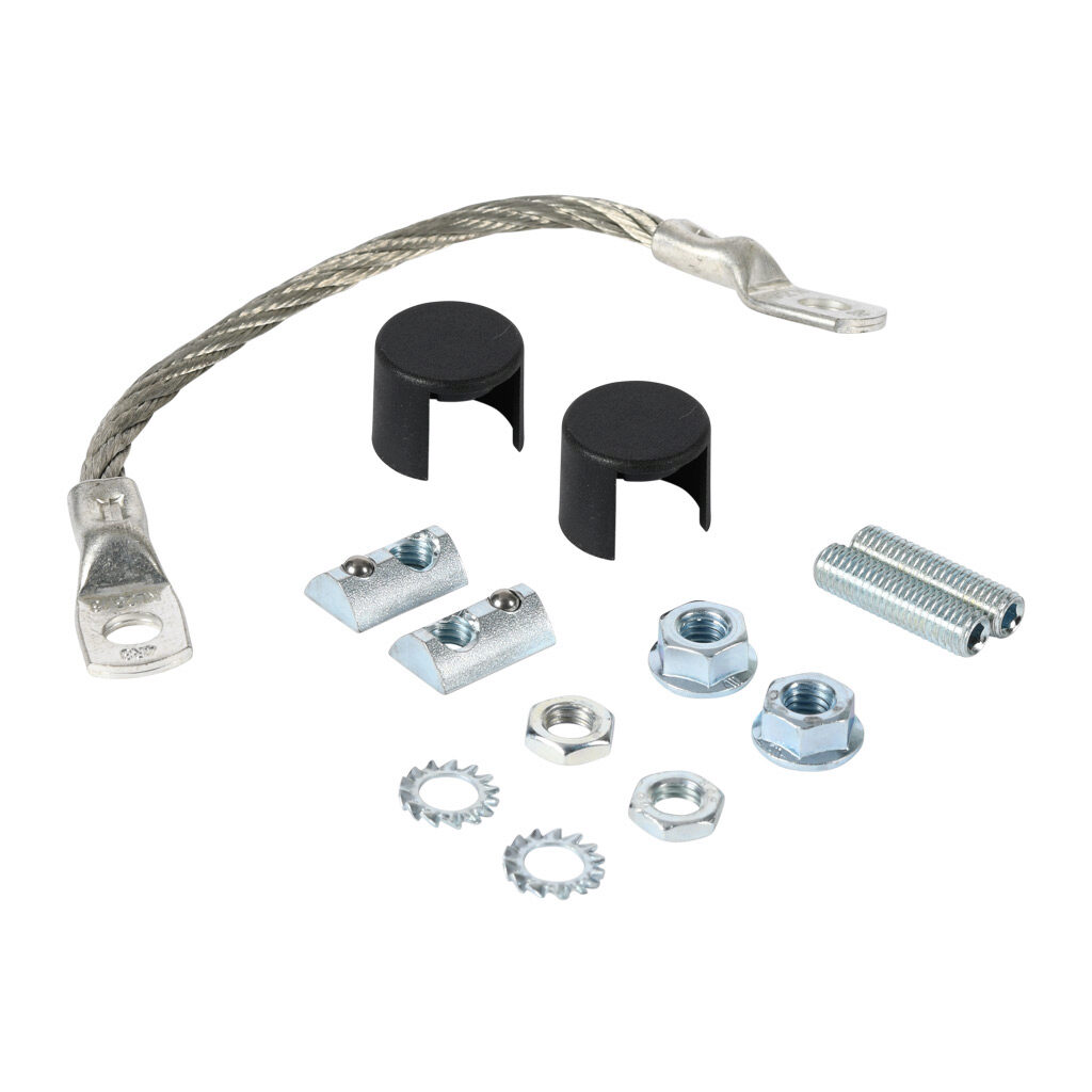 151177 - FATH ground connector, silver, glass-filled nylon/copper/steel, slot size 8. For use with all 1.5in, 3in, 40mm and 80mm profile T-slotted rails. Manufacturer part number: 093099S01.