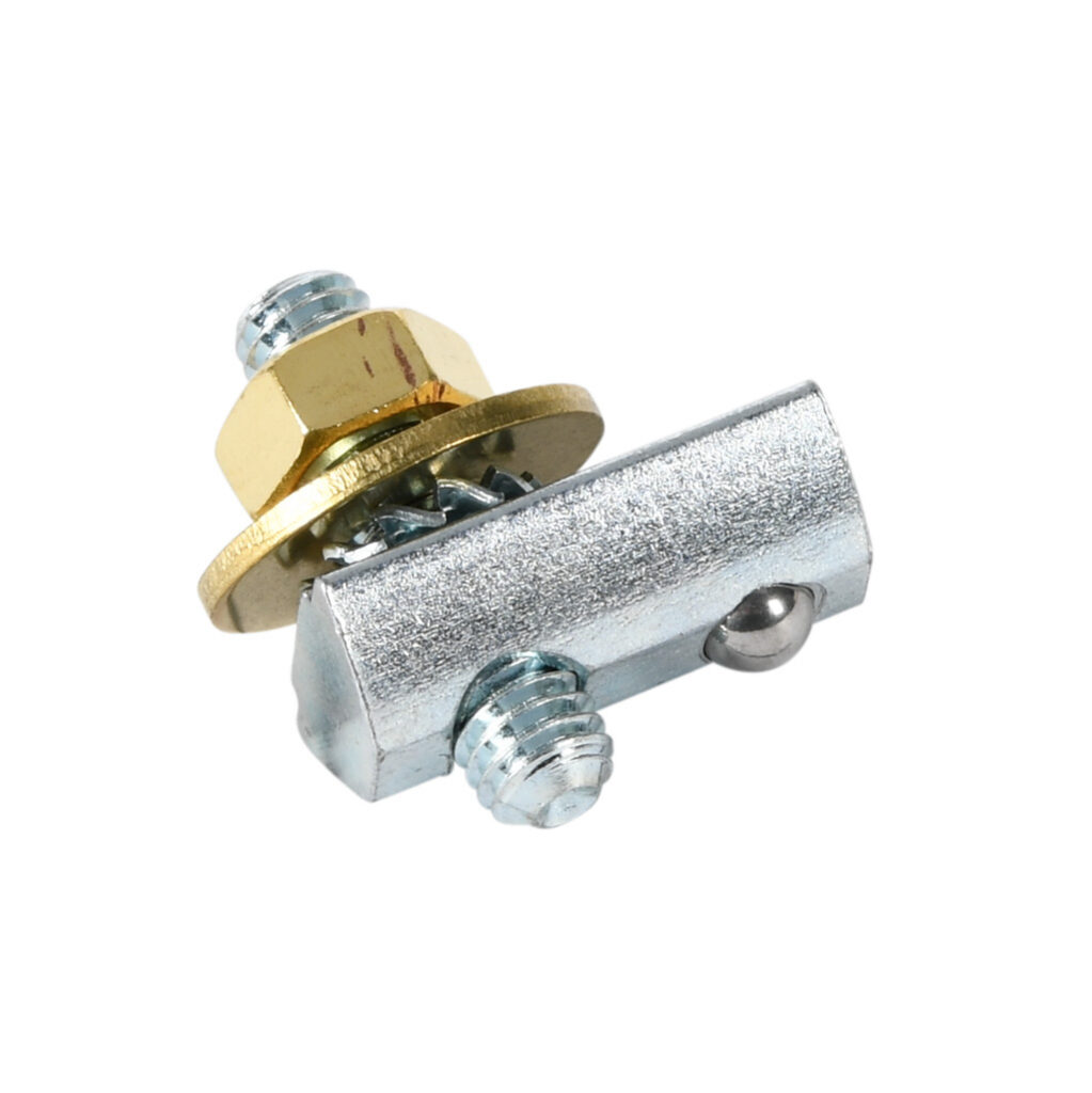 151178 - FATH grounding terminal, steel/brass, slot size 8. For use with all 1.5in, 3in, 40mm and 80mm profile T-slotted rails. Manufacturer part number: 093091.