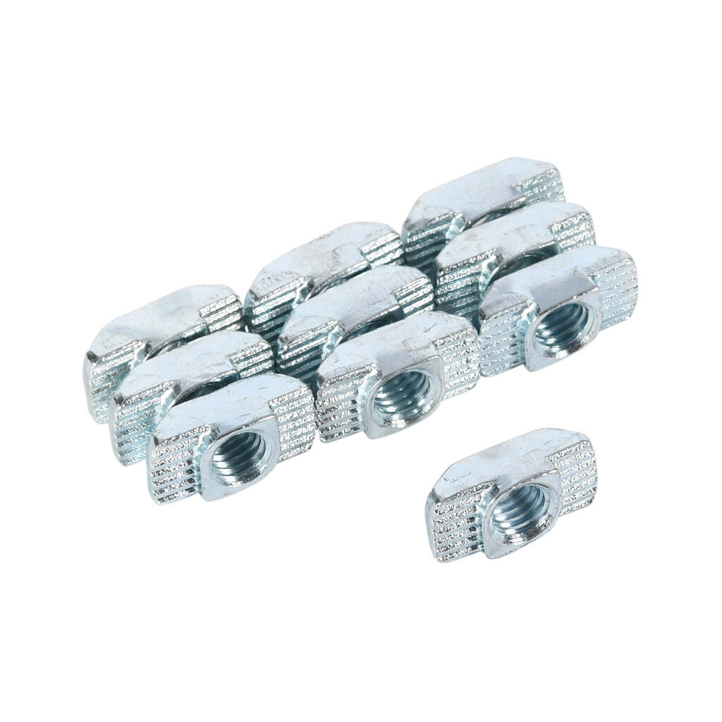 151181 - FATH hammer nut, silver, M6-1.0, zinc plated steel, slot size 8. Package of 10. For use with all 30mm and 60mm profile T-slotted rails. Manufacturer part number: 096H08615.