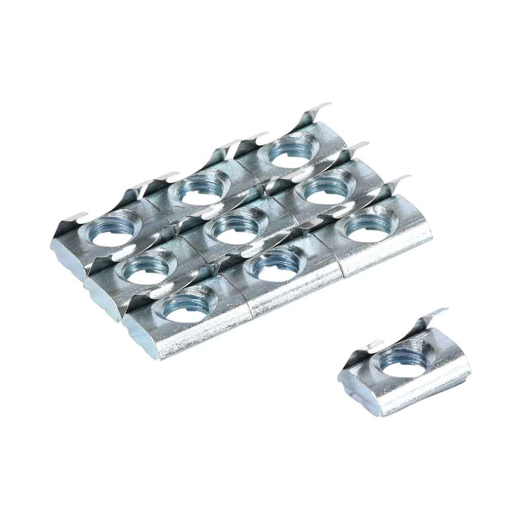 151182 - FATH roll-in nut, silver, M8-1.25, zinc plated steel, slot size 8. Package of 10. For use with all 30mm and 60mm profile T-slotted rails. Manufacturer part number: 096318F.