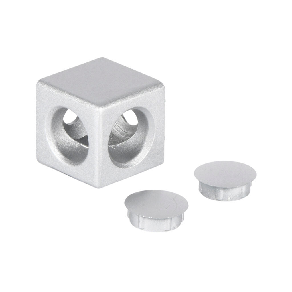 151185 - FATH 2D cube connector, silver, 30 x 30 x 30mm, die-cast aluminum, slot size 8. For use with all 30mm and 60mm profile T-slotted rails. Fasteners and (2) plastic cover caps included. Manufacturer part number: 093WW303N08.