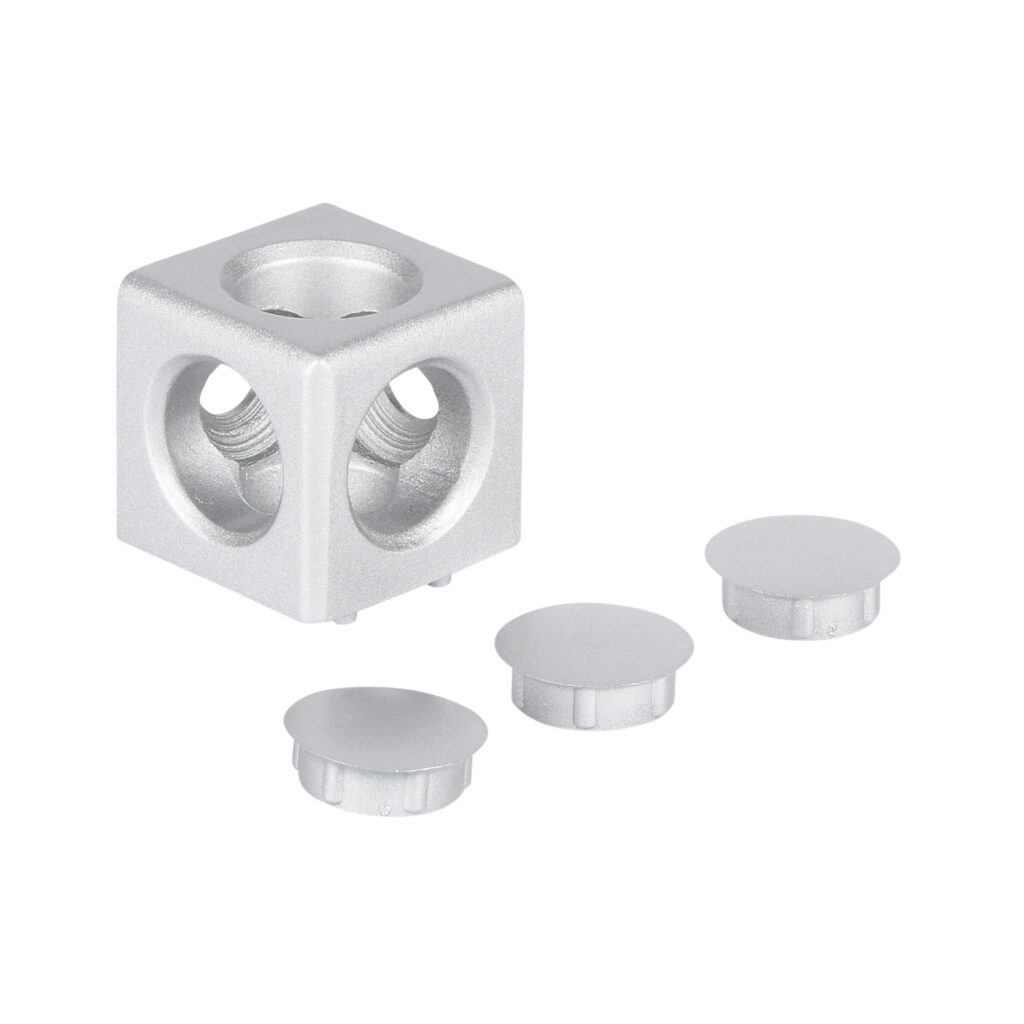 151186 - FATH 3D cube connector, silver, 30 x 30 x 30mm, die-cast aluminum, slot size 8. For use with all 30mm and 60mm profile T-slotted rails. Fasteners and (3) plastic cover caps included. Manufacturer part number: 093WW304N08.