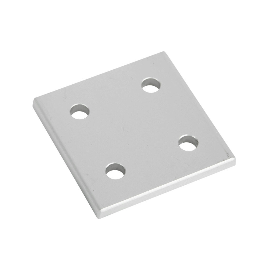 151191 - FATH square flat plate, silver, 4 holes, anodized aluminum, slot size 8. For use with all 30mm and 60mm profile T-slotted rails. Manufacturer part number: 093VA6060.