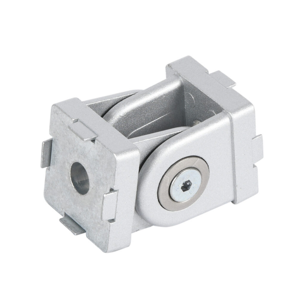 151199 - FATH pivot joint, silver, 178-degree adjustable, 2 holes, die-cast zinc, slot size 8. For use with all 30mm and 60mm profile T-slotted rails. Manufacturer part number: 093G30AN08.