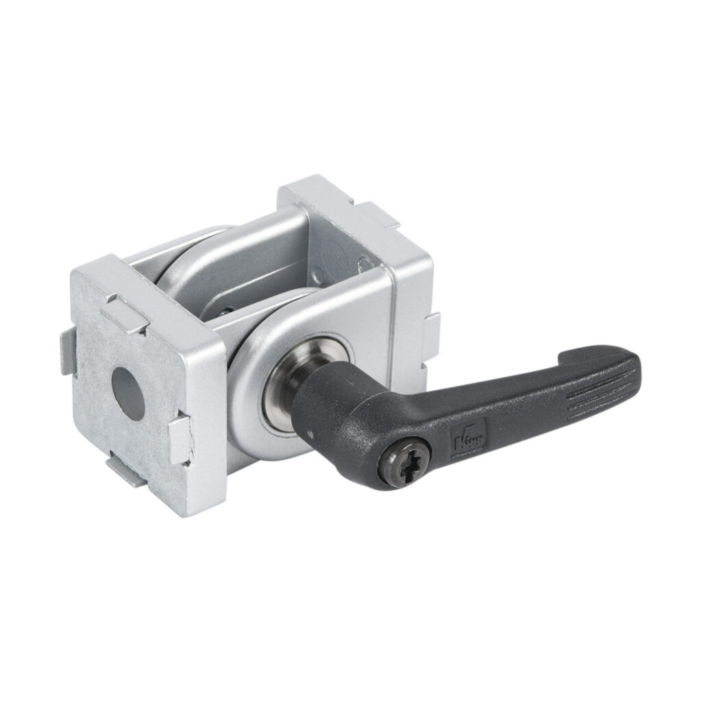 151200 - FATH pivot joint with locking handle, silver, 178-degree adjustable, 2 holes, die-cast zinc, slot size 8. For use with all 30mm and 60mm profile T-slotted rails. Manufacturer part number: 093GF30AN08.
