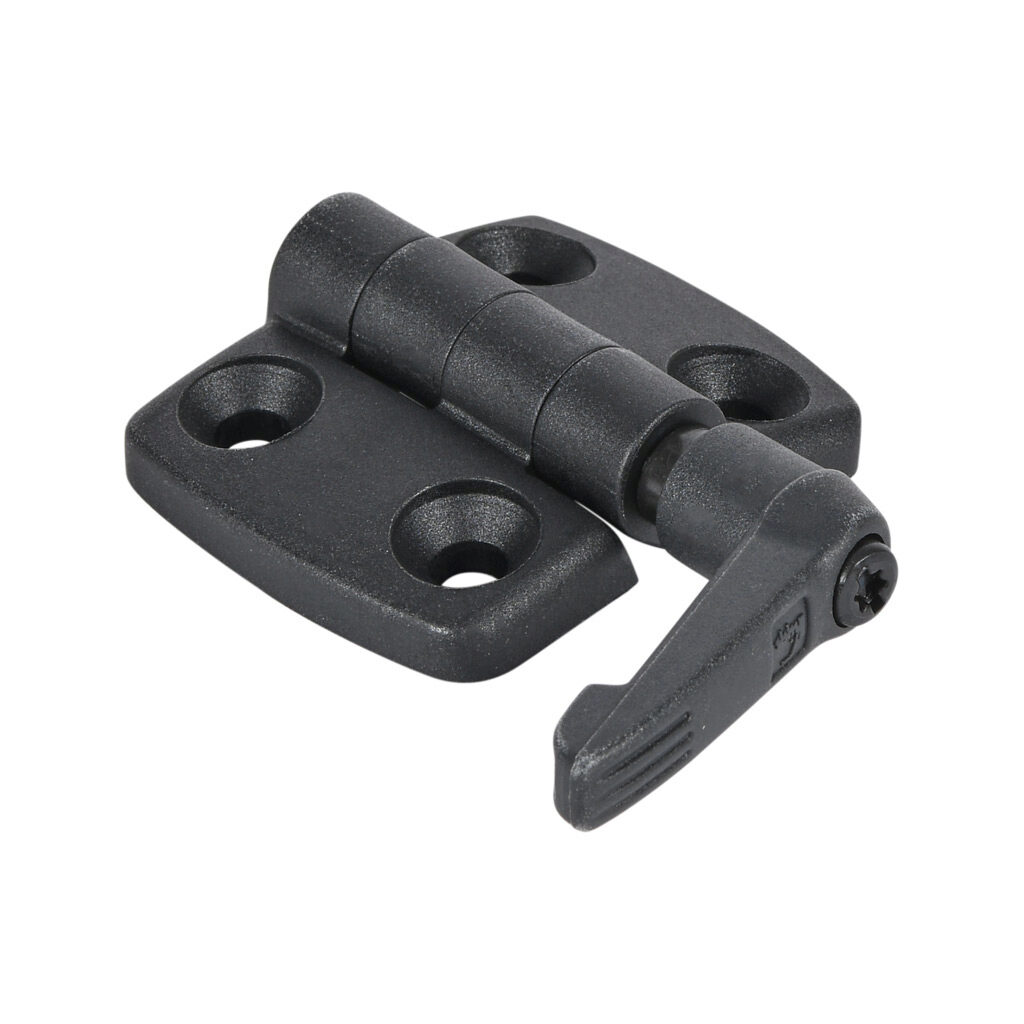 151206 - FATH non-detachable combination hinge with locking lever, black, fiberglass reinforced plastic, slot size 8. For use with all 30mm and 60mm profile T-slotted rails. Manufacturer part number: 095KF3030F08.