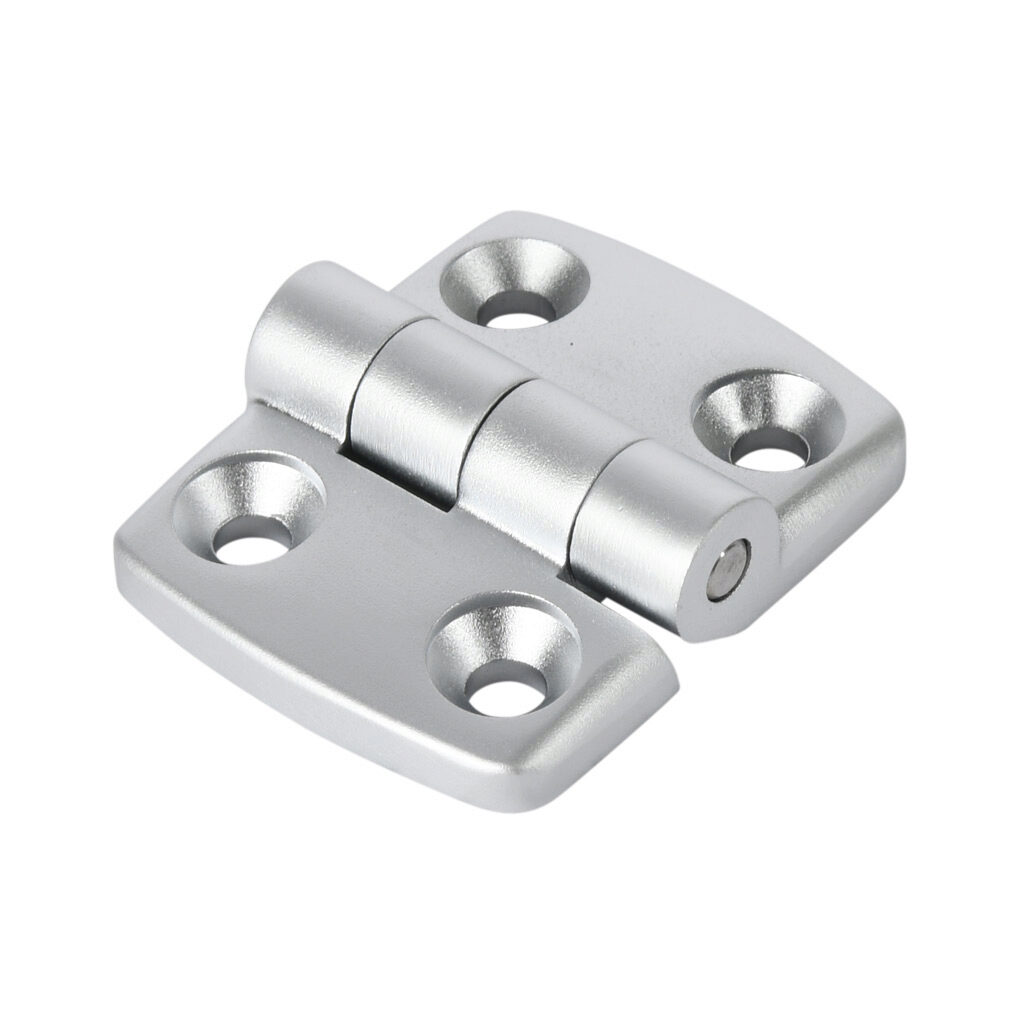 151209 - FATH non-detachable combination hinge, silver, die-cast aluminum, slot size 8. For use with all 30mm and 60mm profile T-slotted rails. Manufacturer part number: 095A3030FS20.
