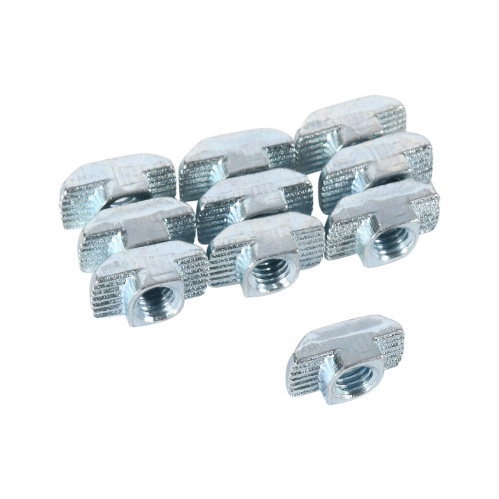 151214 - FATH hammer nut, silver, M6-1.0, zinc plated steel, slot size 8. Package of 10. For use with all 40mm and 80mm profile T-slotted rails. Manufacturer part number: 096H08630.