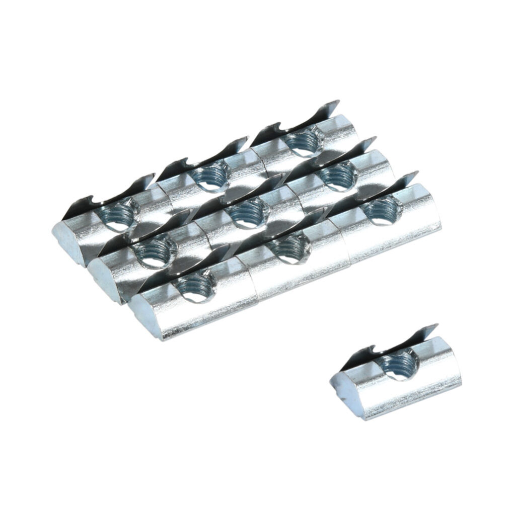 151216 - FATH roll-in nut, silver, M8-1.25, zinc plated steel, slot size 8. Package of 10. For use with all 40mm and 80mm profile T-slotted rails. Manufacturer part number: 096028F.