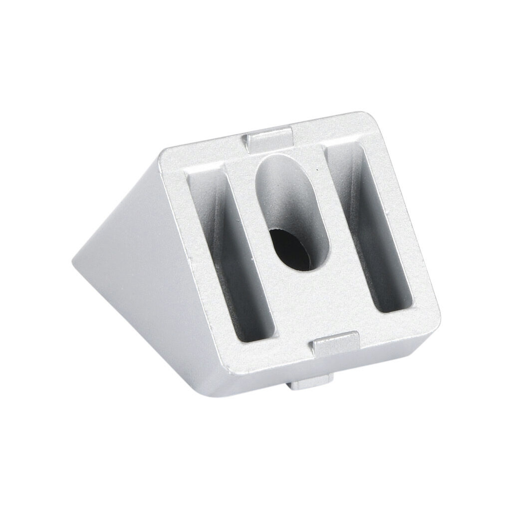 151217 - FATH angle connector, silver, 45-degree, 40 x 40mm, die-cast aluminum, slot size 8. For use with all 40mm and 80mm profile T-slotted rails. Fasteners included. Manufacturer part number: 093WS40145N08.